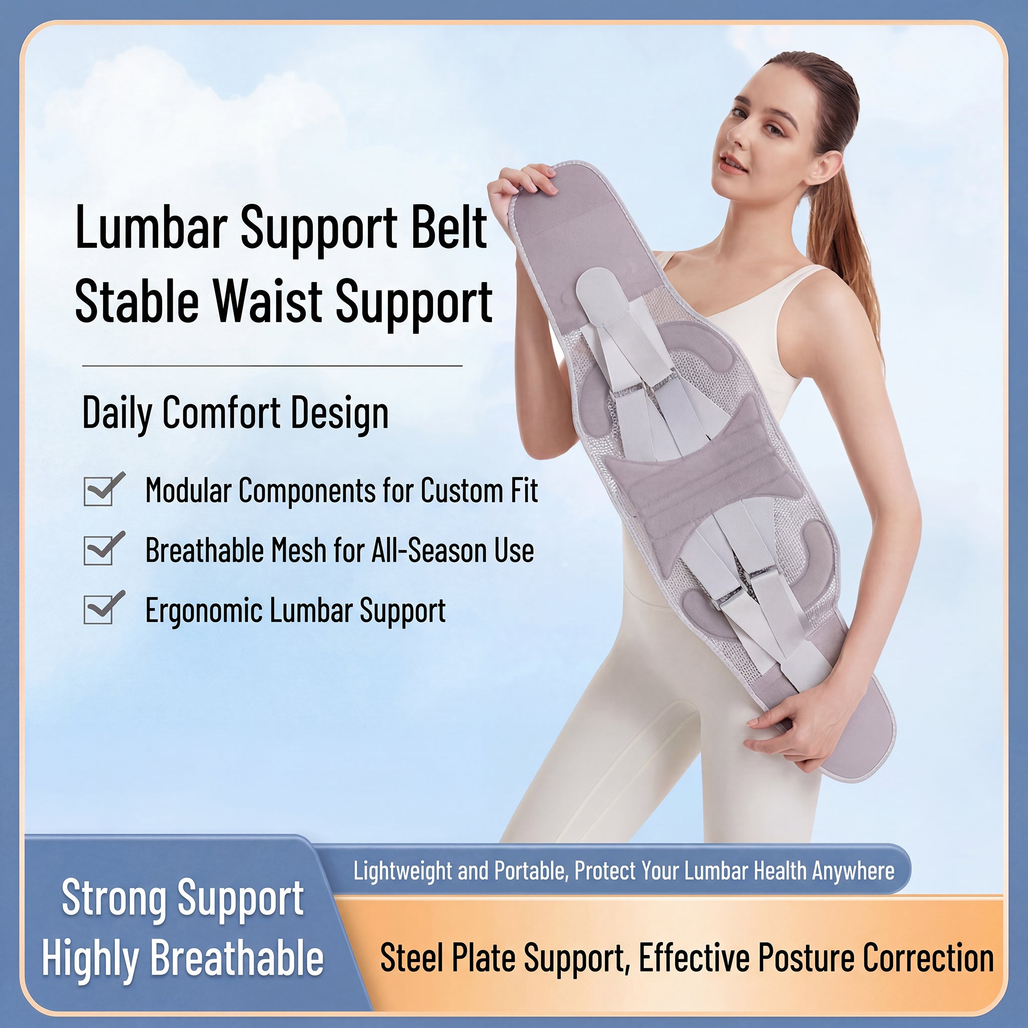 Ergonomic Back Support Brace with Dual Compression Straps, Breathable Lumbar Belt for Posture Improvement & Waist Stability