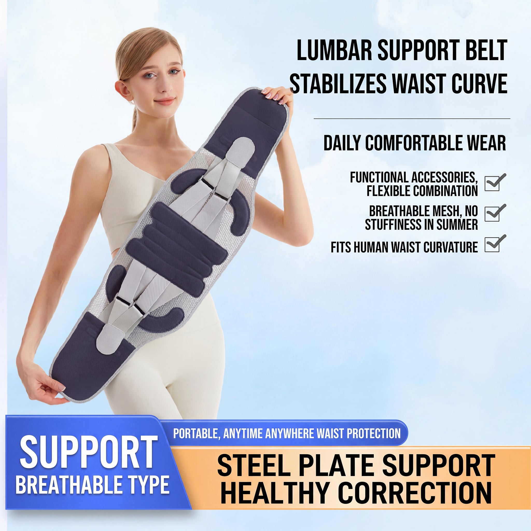 Dual-Strap Adjustable Back Support Brace - Breathable Lumbar Belt for Office, Driving & Daily Wear, All-Day Waist Comfort